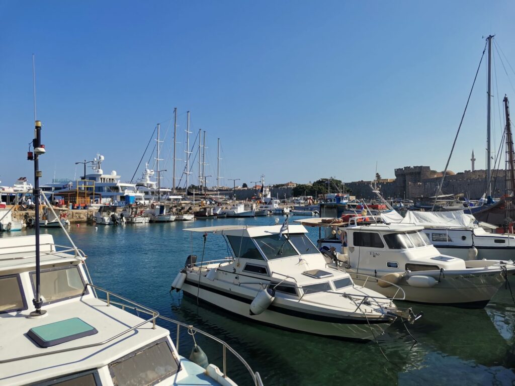 Sunny day over the port in Rhodes Town, Greece