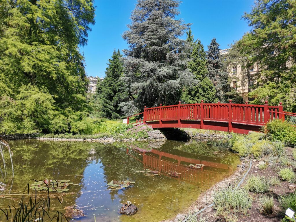 View over the pond and red bridge at Zagreb Botanical Gardens, Croatia