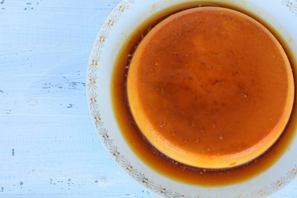 Plate that is filled with caramel which has been poured over a custard pudding known as Rozata in Croatia