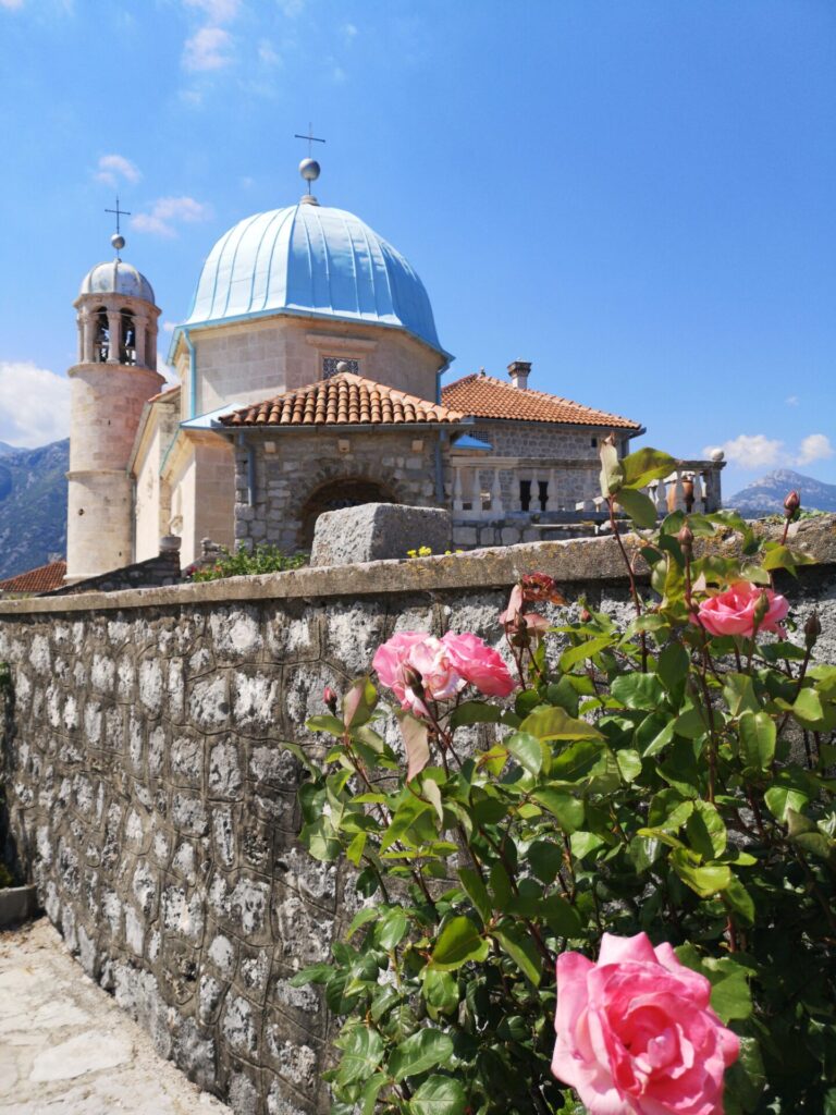 Flowers infront of Our Lady of the Rocks Church in the Bay of Kotor, Montenegro