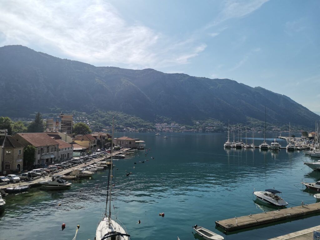 Boats lining the Kotor harbour on the Bay of Kotor