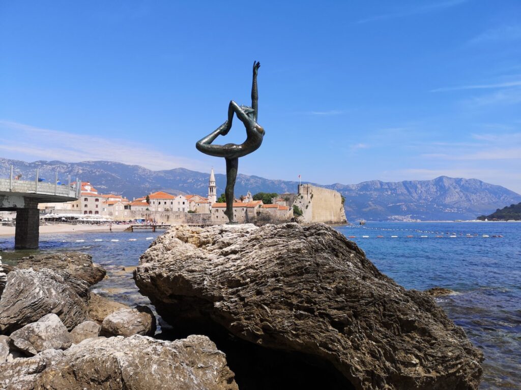 The famous Ballerina statue on the coastal edge of Budvas Old Town, Montenegro