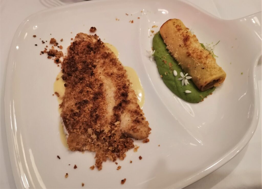 Where to eat in Zagreb - almond crusted trout filled served with a rolled potato and pea puree at Vinodol, Zagreb