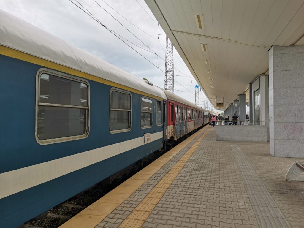 Blue and white are some of the colours used for Bulgaria trains as well as red and white, trains at Sofia station