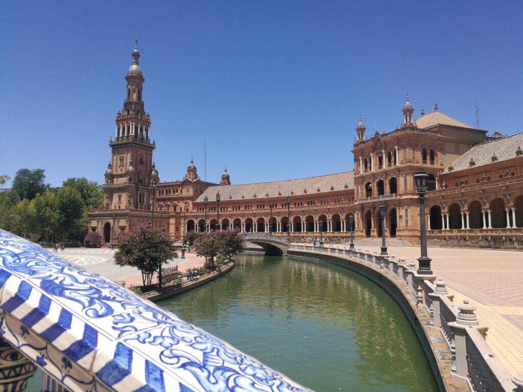 A beautiful view on a sunny day of Plaza de Espana in Seville, Spain