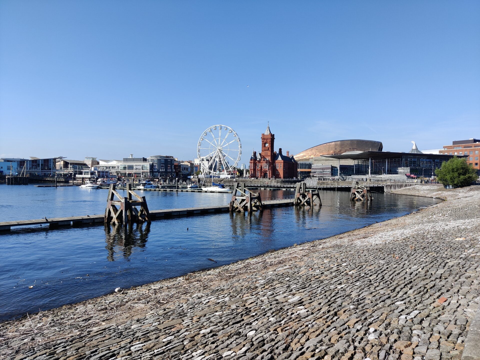 A blue sunny day at Cardiff Bay, overlooking some of the top attractions in Cardiff Bay