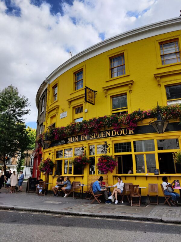 The Sun in Splendour, one of the brightest British Pubs we know, painted with yellow