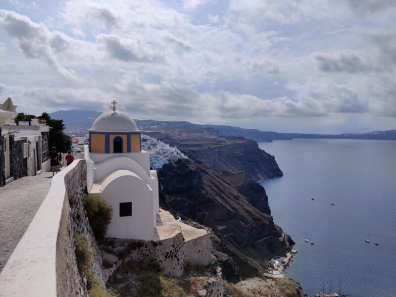 A view of the church on the edge of Fira cliffs, taken on our Santorini travel holiday
