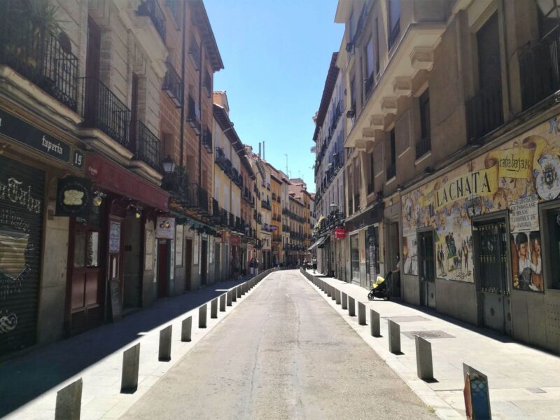 Perspective view down a popular tapas street in La Latina district in Madrid, Spain - Day 1 of Madrid itinerary
