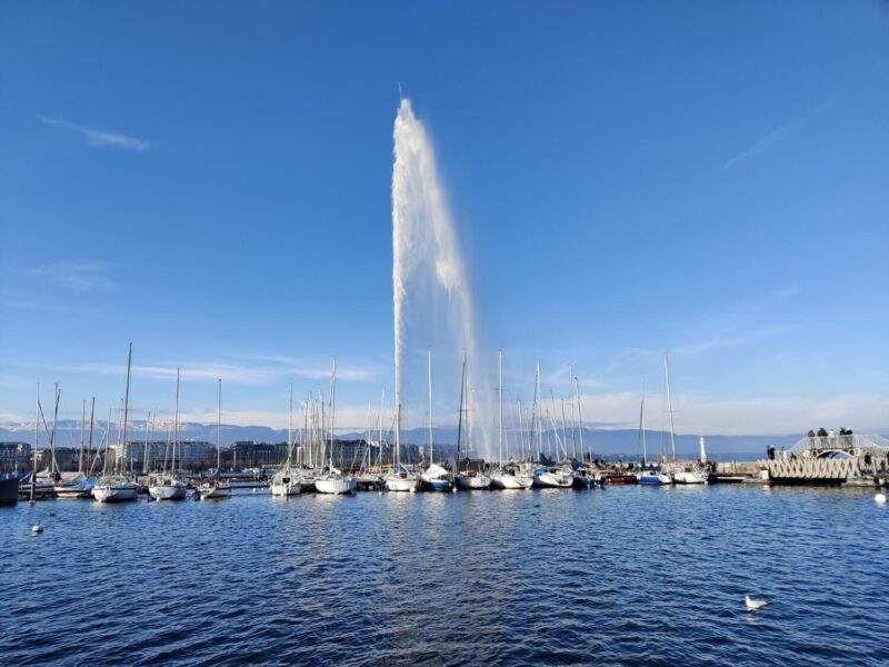 This is the Jet d'eau in Geneva, a large fountain on Lake Geneva that is an iconic landmark of the city