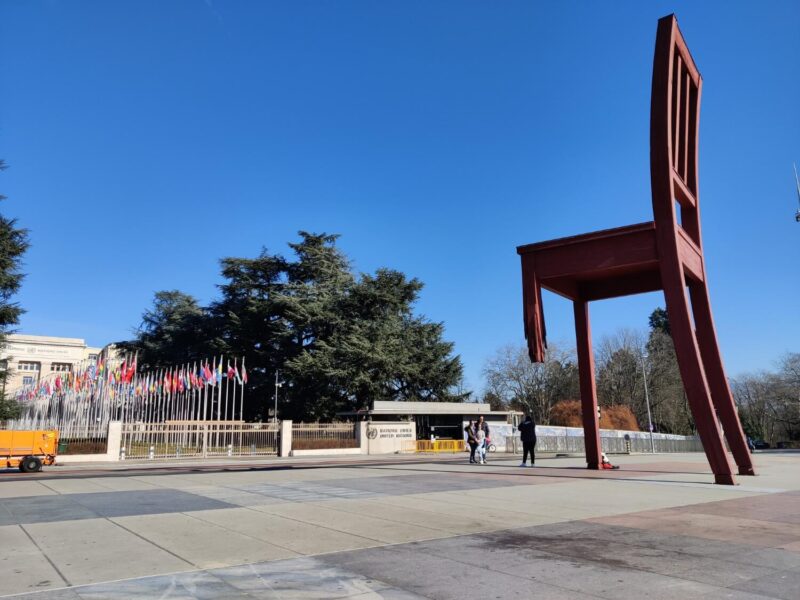 This is the Palais des Nations entrance area with a large chair statue outside that is symbolic of the work of the United Nations in Geneva and throughout the world